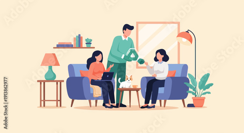 Three people and a dog in a cozy living room setting, with books, a lamp, and plants