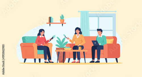 Three people sitting on a couch, interacting in a cozy living room