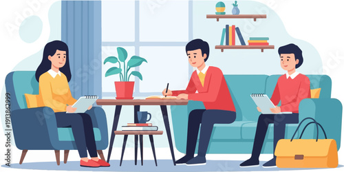 Three people in a room, studying and interacting