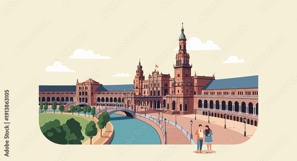 Obraz premium Stylized pixel art of a couple by a canal in front of grand architecture