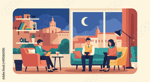 Three people work on laptops inside an apartment with a city view at night