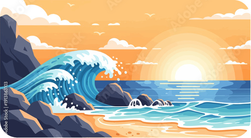 Stylized pixel art of a dramatic ocean wave crashing on a rocky shore at sunset