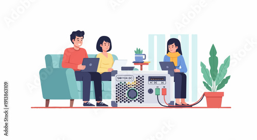 Three people work on laptops with electronic equipment in a room