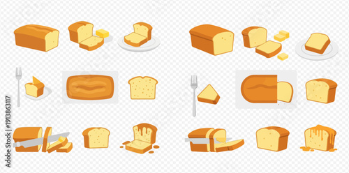 Set of cartoon pound cake illustrations, whole and sliced, with butter and syrup.