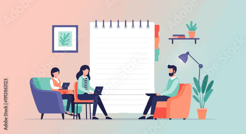 Three people in casual work setting with large notepad and plant decorations