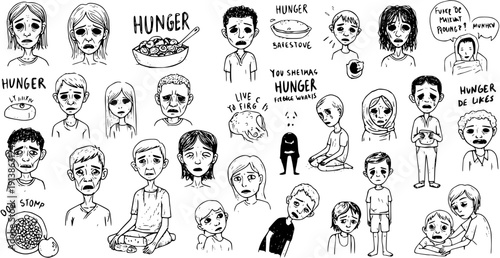 Monochrome hand-drawn illustrations depicting various individuals, including children and adults, suffering from hunger and poverty, conveying distress and malnutrition.