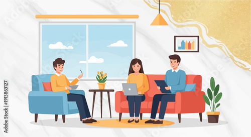 Three people working and relaxing in a cozy room