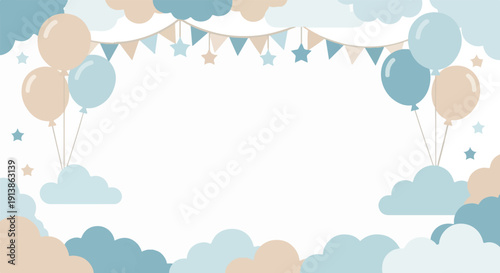 Soft pastel balloons, clouds, and bunting create a whimsical border
