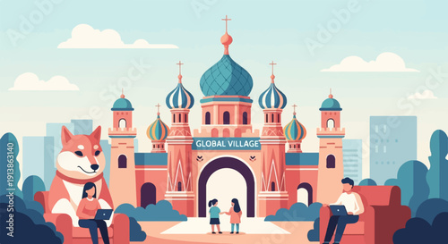 Stylized pixel art of a "Global Village" with Russian-inspired architecture and people working