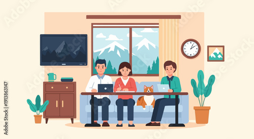 Three people working on laptops in a cozy living room with a dog