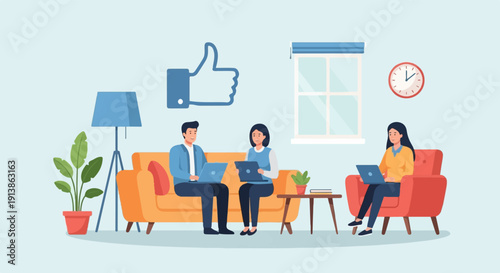 Three people working on laptops in a living room with a thumbs up icon