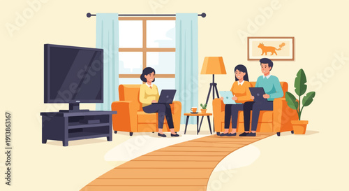 Three people working on laptops in a living room