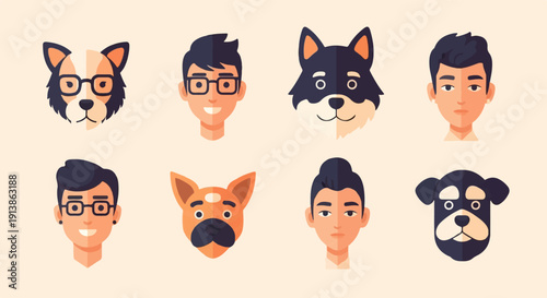 Stylized pixel art portraits of four humans and four dogs in two rows