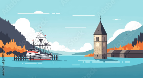 Stylized pixel art scene of a docked boat and clock tower on a calm lake