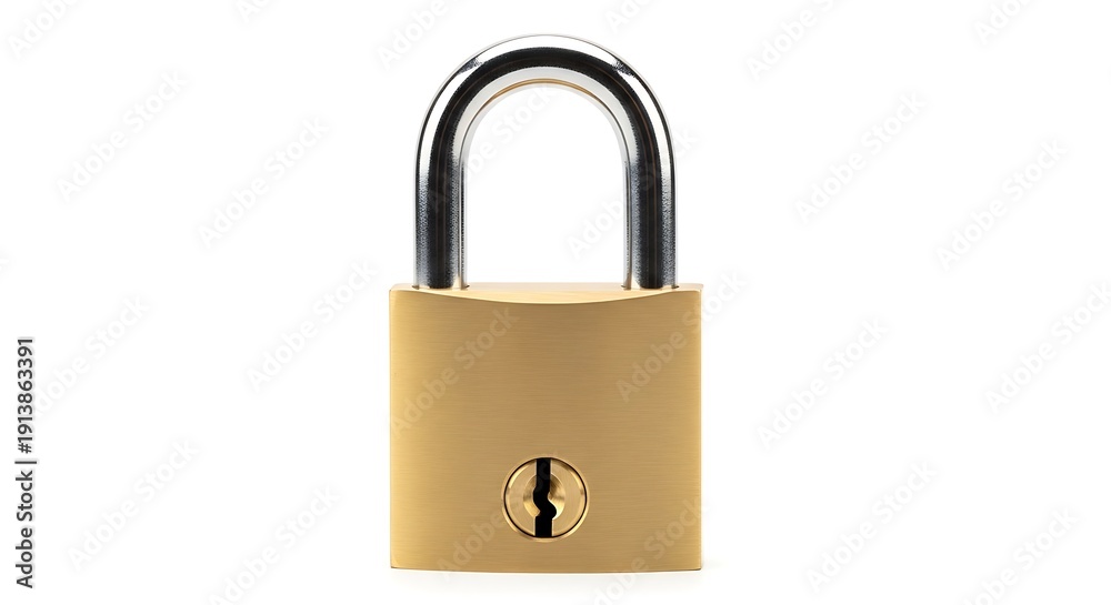 Naklejka premium A gold padlock with a silver shackle is centered on a clean white background viewed directly from the front