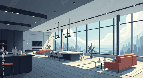 Spacious modern interior with panoramic city view through large windows