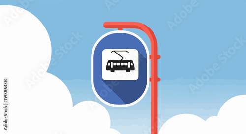 Stylized tram sign against a cloudy blue sky