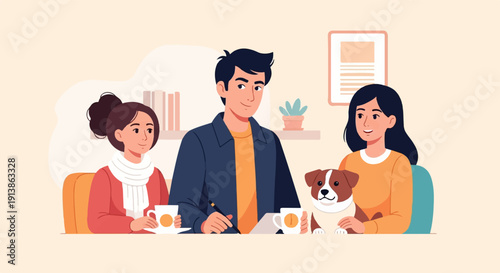 Three people and a dog sit at a table indoors, one writing, with books and a plant