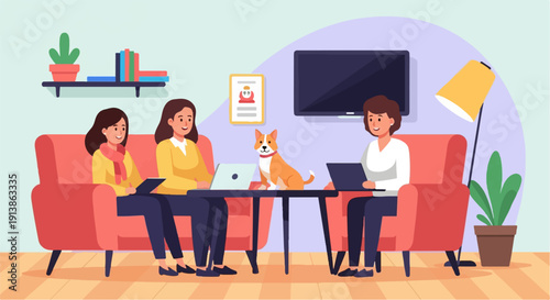 Three people and a dog sitting on sofas, working on laptops, in a room