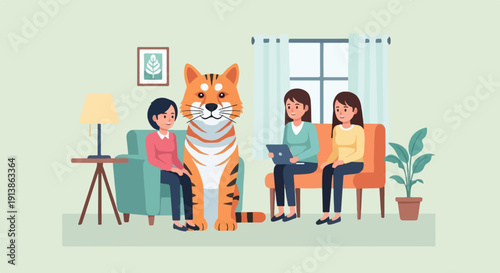 Three people and a large tiger sitting in a living room