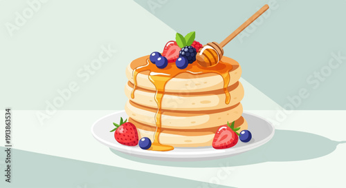 Stack of pancakes with berries and honey drizzled on a plate