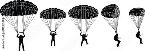 Parachuting, silhouettes, skydivers, parachute, landing, descent, extreme, sport, adventure, freedom, safety, canopy, air, jump, people, vector, illustration, black, isolated, background