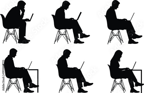 People working on laptops silhouette set, remote office and freelance productivity concept illustration