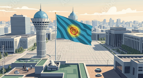 Sunny day over a futuristic city with a large national flag flying high