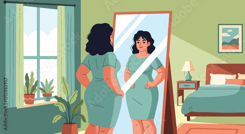 Flat vector illustration of plus size woman looking proudly in mirror at home, expressing self acceptance, body confidence, mental wellness, and positive self image lifestyle concept