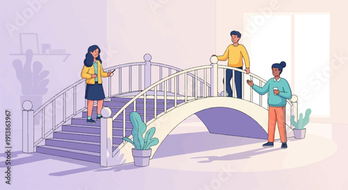 Three people on a bridge with a plant nearby and a window behind