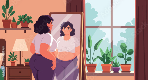 Flat vector illustration of plus size woman looking proudly in mirror at home, expressing self acceptance, body confidence, mental wellness, and positive self image lifestyle concept
