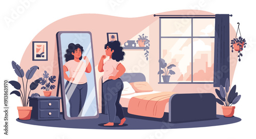 Flat vector illustration of plus size woman looking proudly in mirror at home, expressing self acceptance, body confidence, mental wellness, and positive self image lifestyle concept