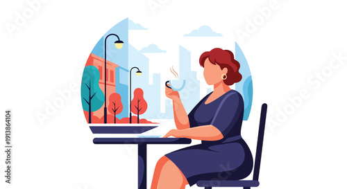 Flat vector illustration of plus size woman drinking coffee at café table, expressing independence, body confidence, modern lifestyle, and self acceptance concept