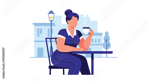 Flat vector illustration of plus size woman drinking coffee at café table, expressing independence, body confidence, modern lifestyle, and self acceptance concept