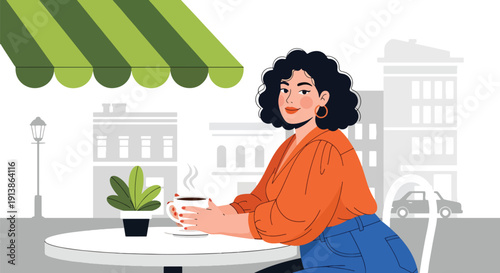 Flat vector illustration of plus size woman drinking coffee at café table, expressing independence, body confidence, modern lifestyle, and self acceptance concept