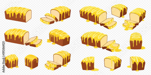 Set of delicious lemon bread loaves and slices with sweet yellow icing, baked dessert vector illustration.