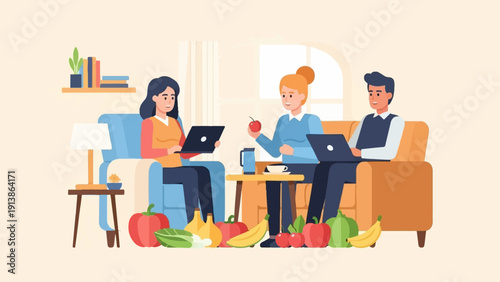 Three people on a couch with laptops, surrounded by healthy fruits and vegetables