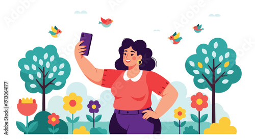 Modern flat vector illustration of confident plus size woman taking selfie in park, celebrating self love, body positivity, modern lifestyle, social confidence, and inclusive beauty representation