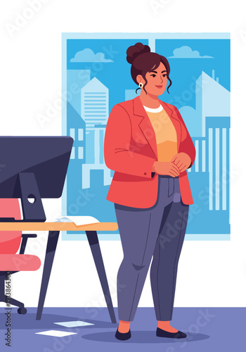 Modern flat vector illustration of plus size professional woman standing confidently in office, representing empowerment, body positivity, diversity, and inclusive workplace lifestyle