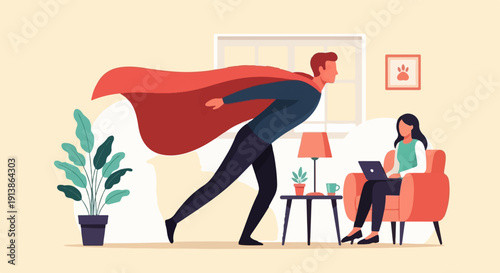 Superhero man with red cape runs past woman using laptop in cozy room