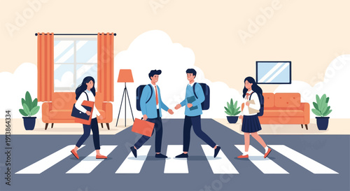 Students crossing a street with books and backpacks, outdoors near homes