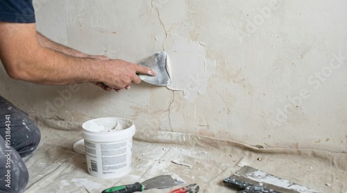 Worker repairing a wall with a spatula and plaster, interior renovation, construction work, home improvement, DIY project.