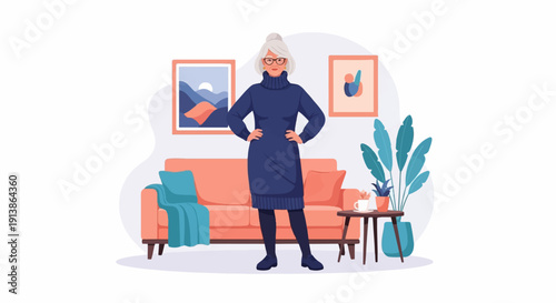 Stylish elderly woman in a cozy living room