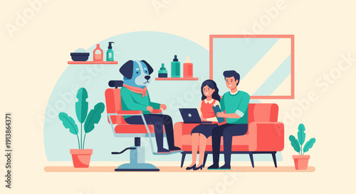 Stylist dog consults clients on sofa with laptop