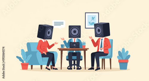 Surreal business meeting with figures sporting speaker heads