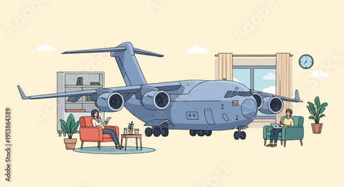Surreal domestic scene with large aircraft entering a room