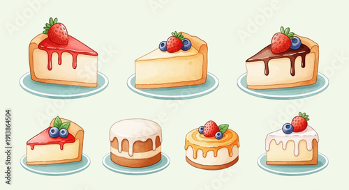 Sweet treats assorted cakes and cheesecake slices adorned with berries and drizzles