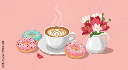 Sweet morning treat coffee with latte art, colorful donuts, and a floral bouquet