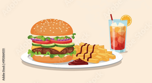 Tall burger, fries, and iced drink on a white plate