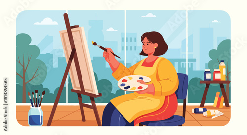 Flat vector illustration of plus size woman painting in art studio, expressing creativity, self confidence, body positivity, and artistic lifestyle empowerment